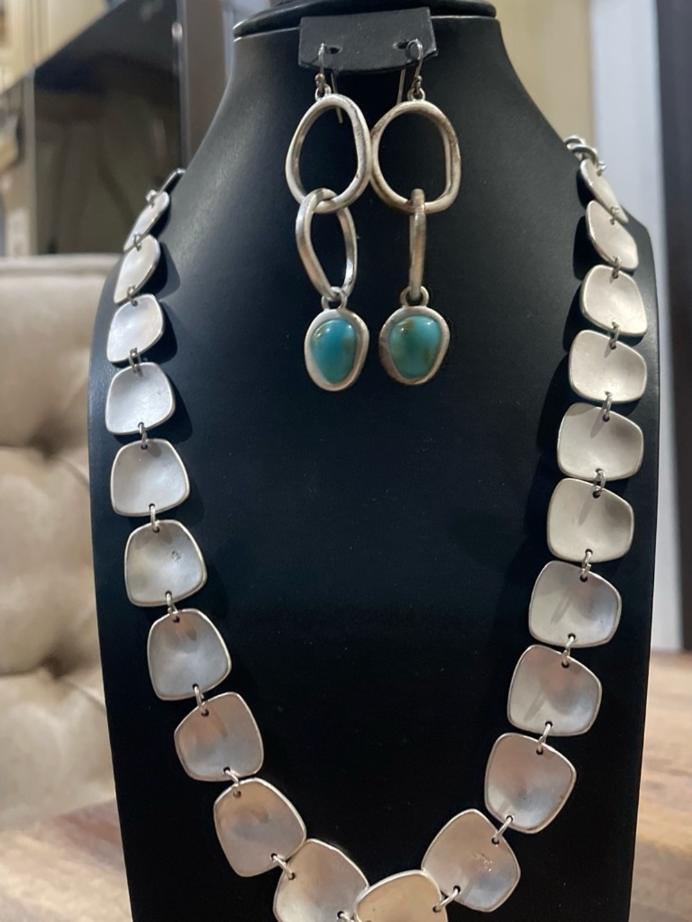 Silver Link Necklace with Turquoise Drop Earrings - Women Jewelry
